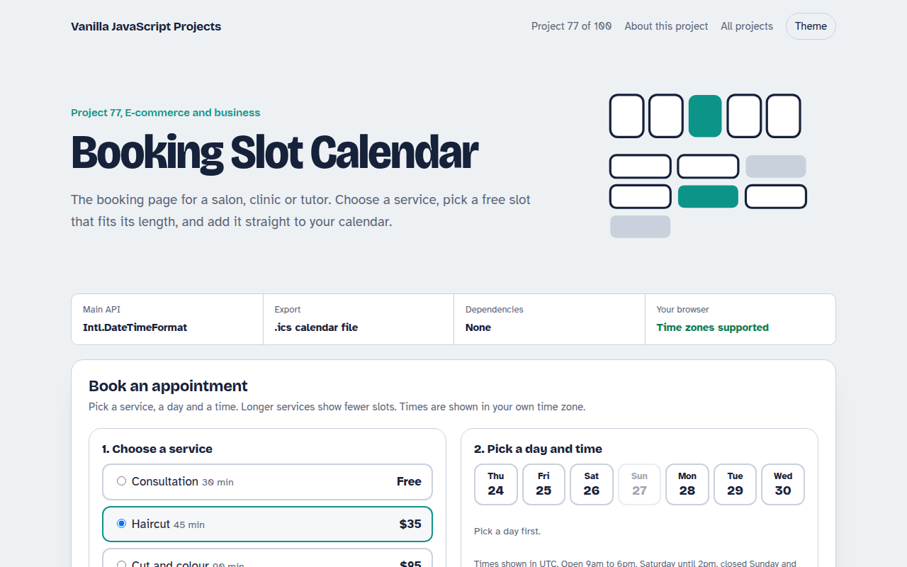 Booking Slot Calendar JavaScript project preview