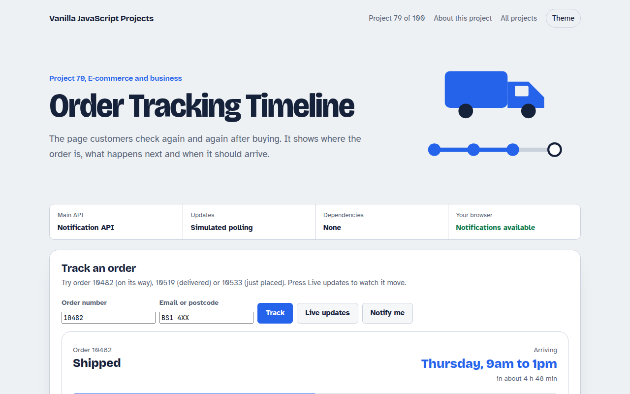 Order Tracking Timeline JavaScript project preview