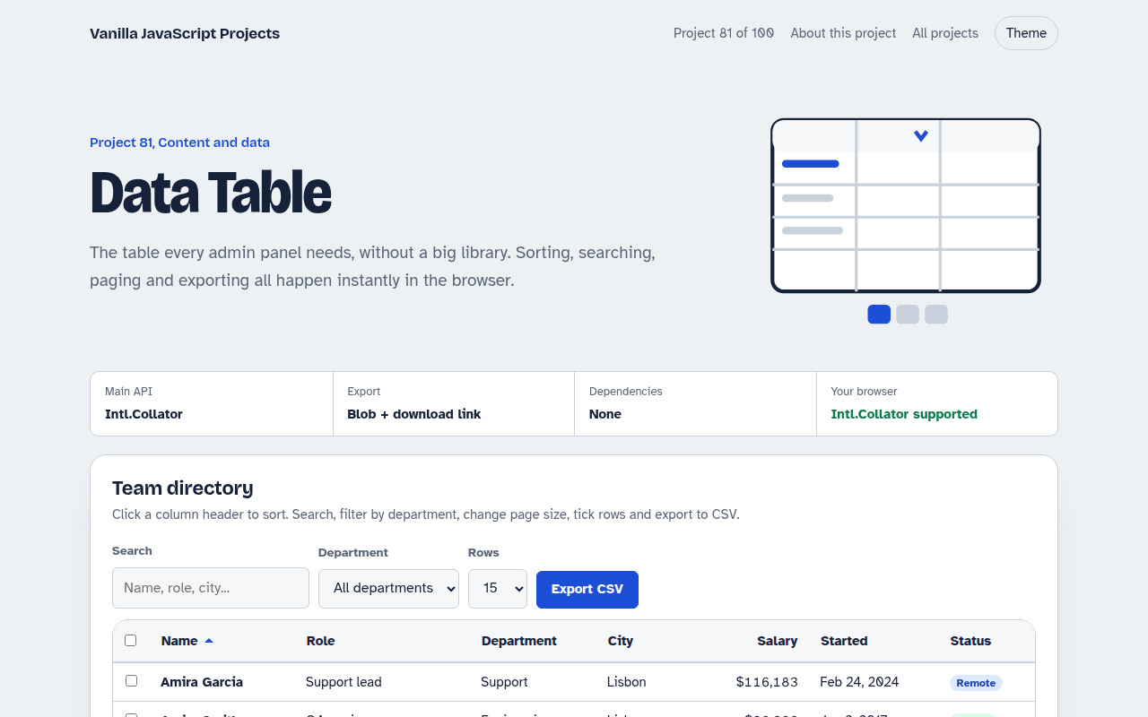 Data Table JavaScript project preview