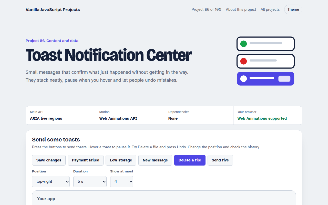 Toast Notification Center JavaScript project preview