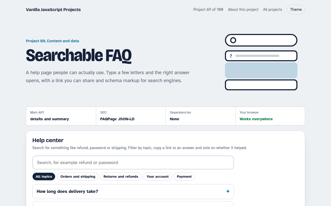 Searchable FAQ JavaScript project preview