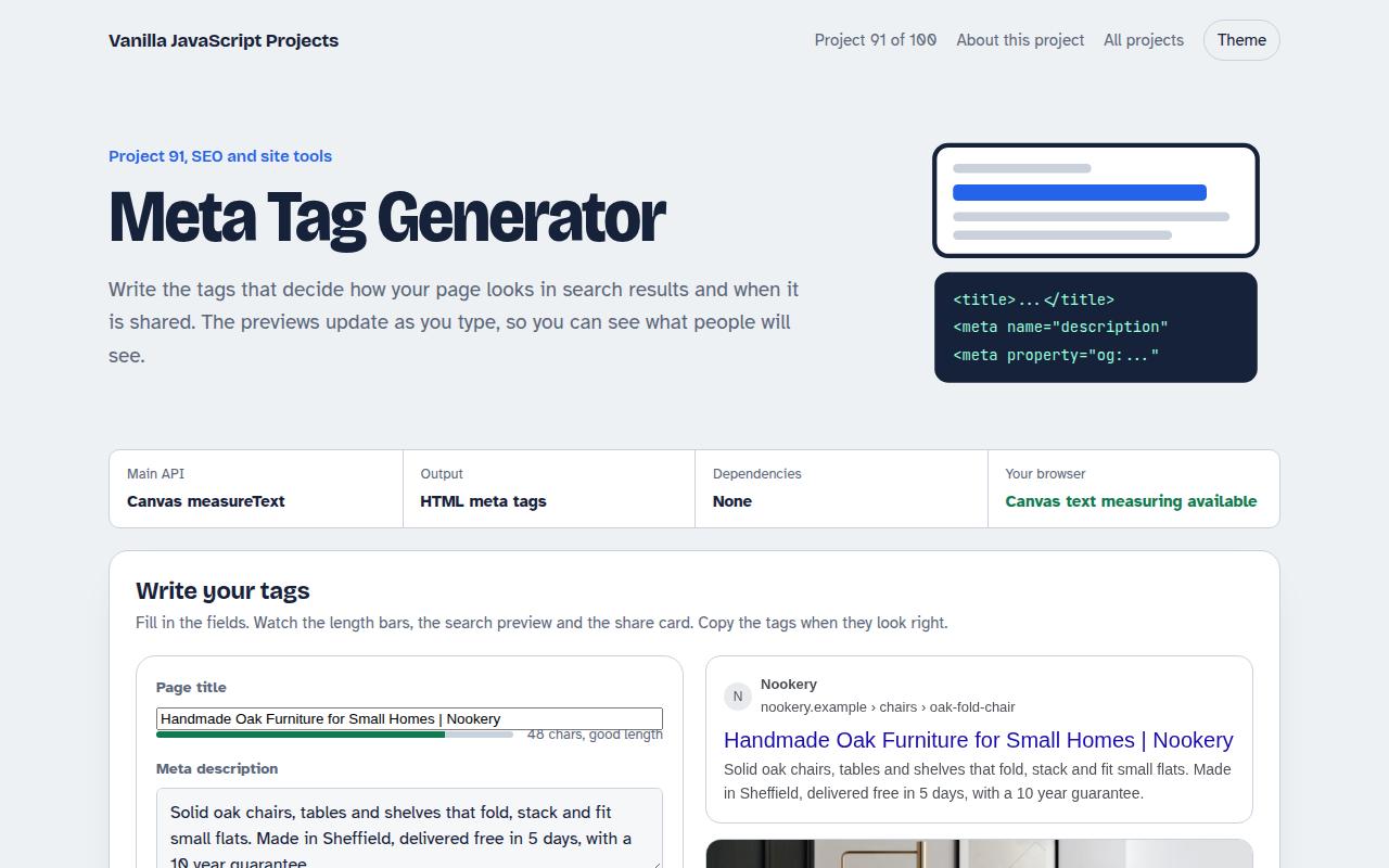 Meta Tag Generator JavaScript project preview