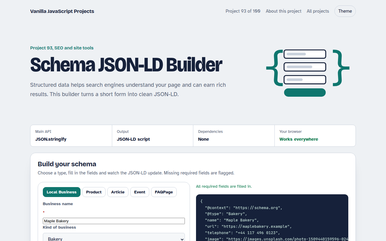 Schema JSON-LD Builder JavaScript project preview