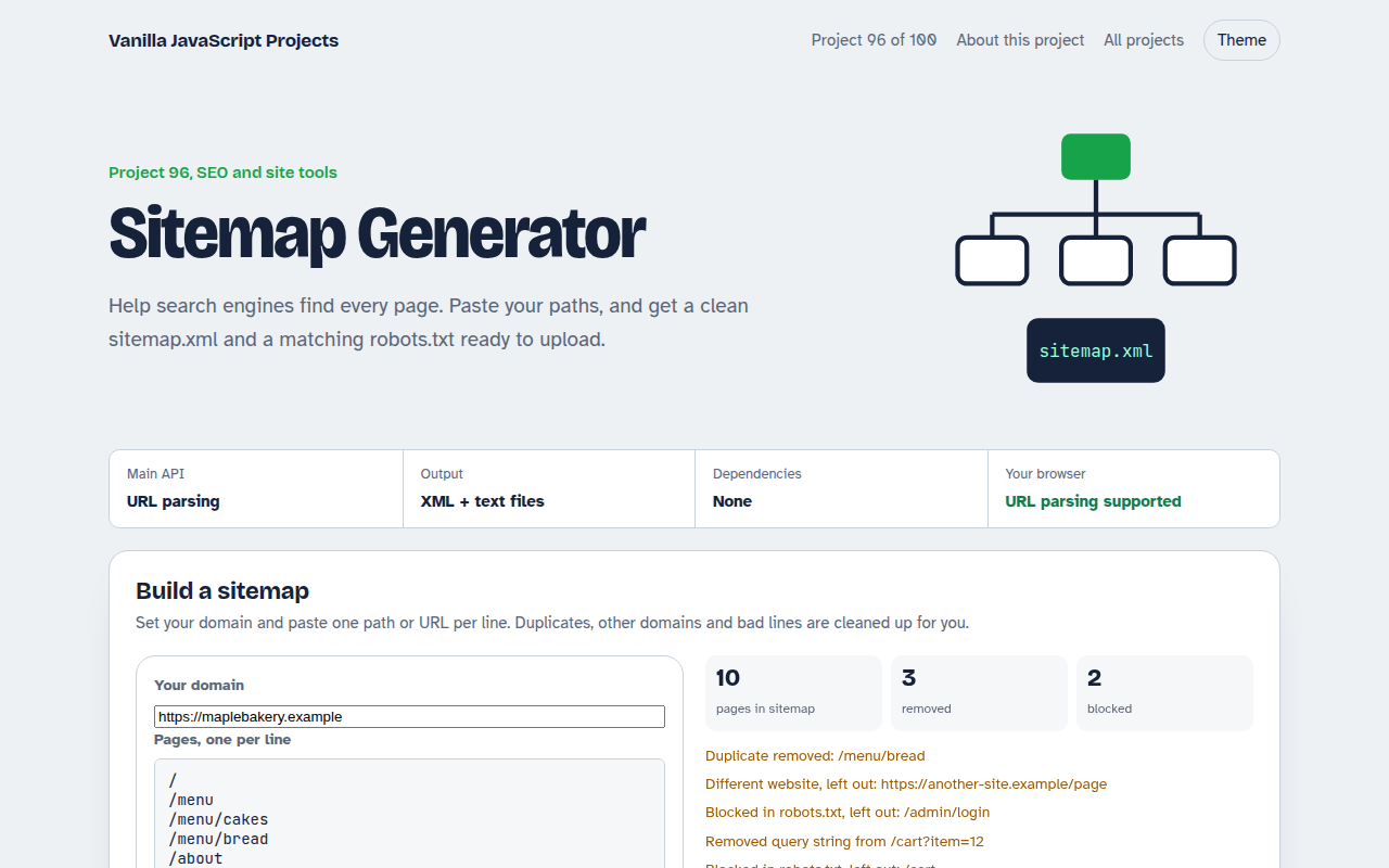 Sitemap Generator JavaScript project preview