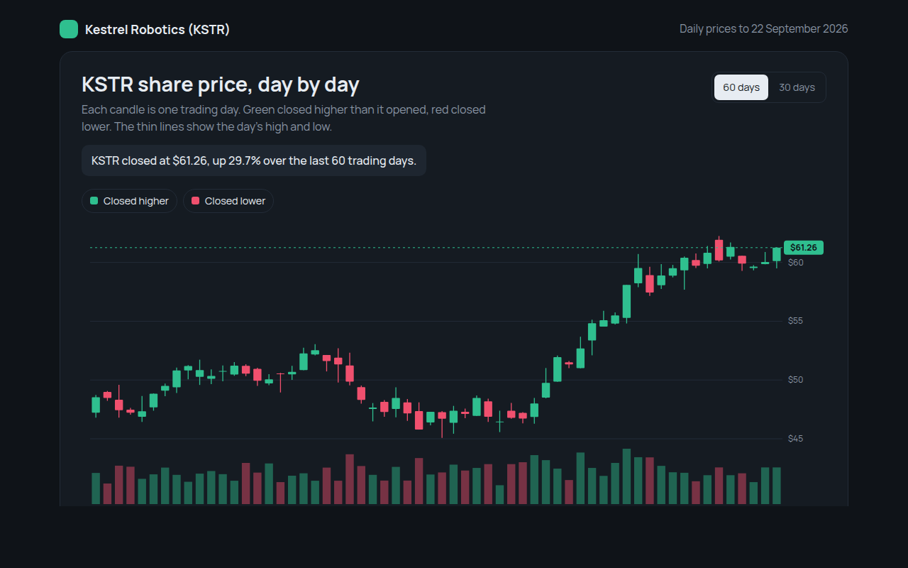 Candlestick Chart example: daily share prices and volume for a made up robotics company