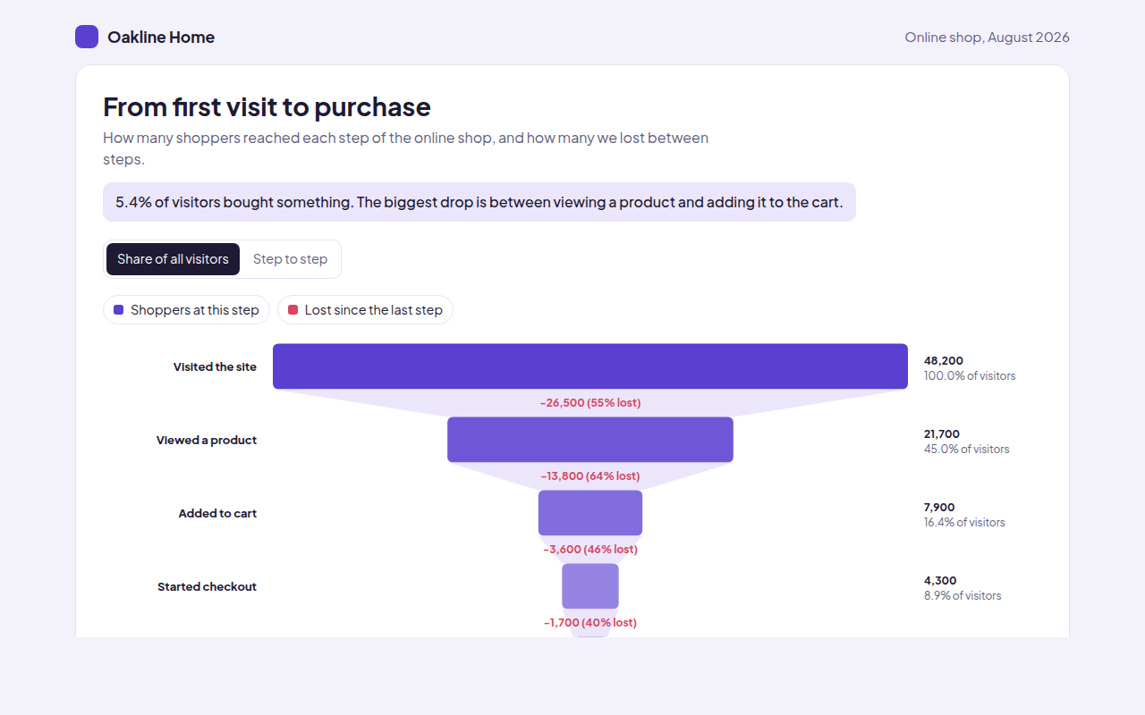 Funnel Chart example: shoppers moving from first visit to purchase in an online shop