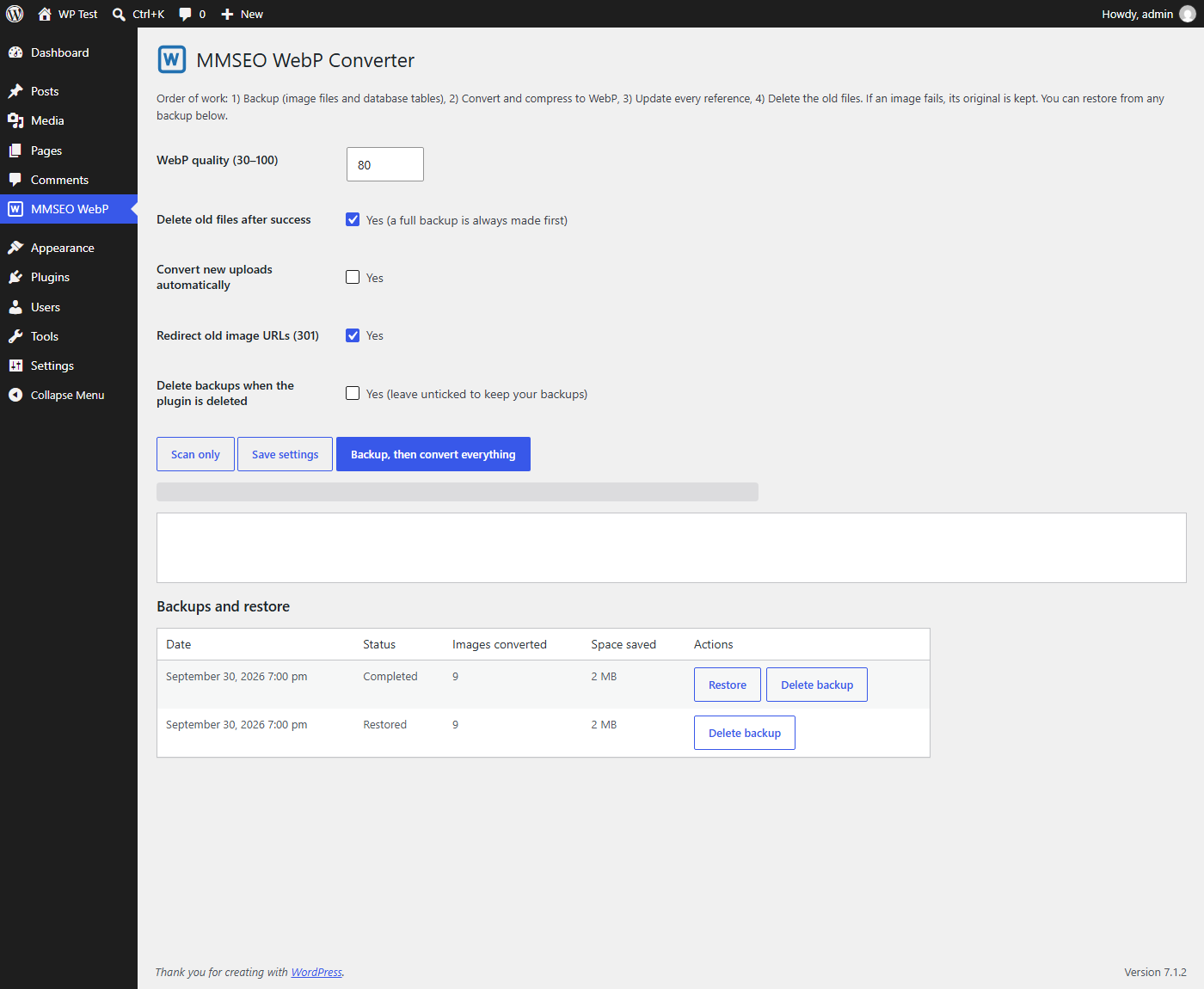 MMSEO WebP Converter admin screen showing the options, action buttons and the Backups and restore table with Restore and Delete backup buttons