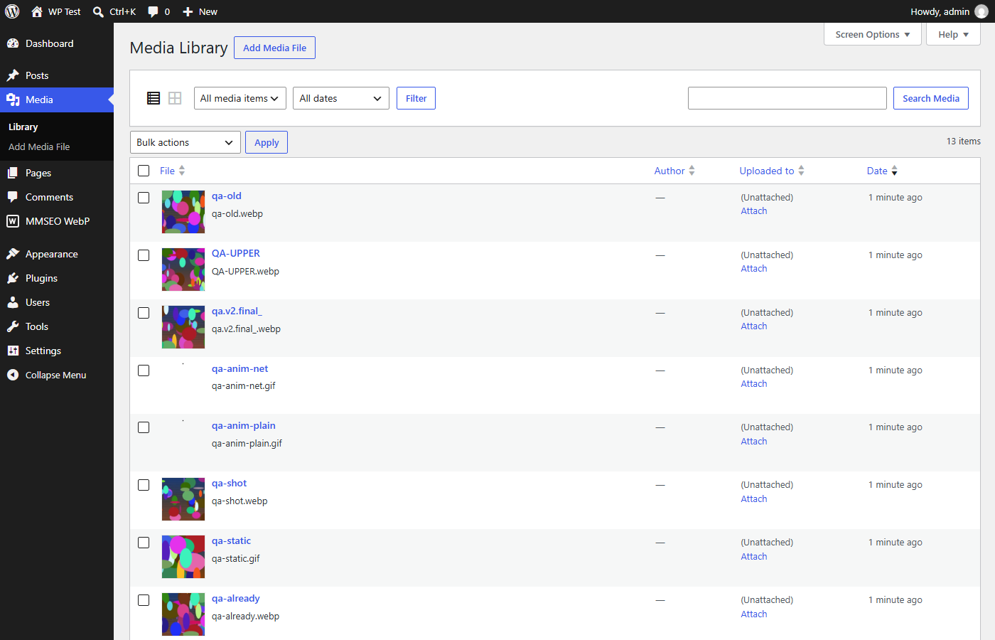 WordPress Media Library after conversion, listing files that now end in .webp